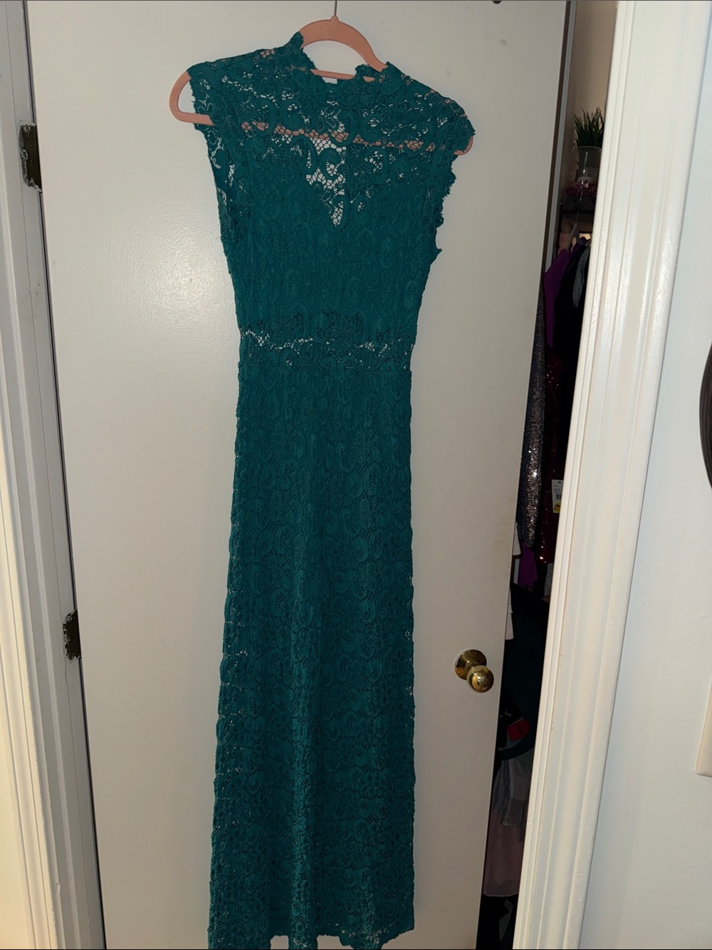 Nightcap Teal Lace High-Neck Maxi Dress
